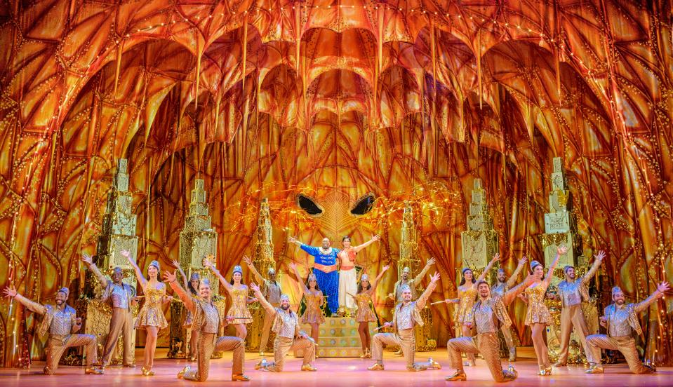 Disney Theatrical Productions presents Aladdin: Adi Roy (Aladdin), Marcus M. Martin (Genie), Senzel Ahmady (Jasmine), Jake Letts (Babkak), Colt Prattes (Kassim), Ben Chavez (Omar), Anand Nagraj (Jafar), Aaron Choi (Iago) and Sorab Wadia (Sultan).