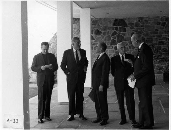 Outside the Eleutherian Mills Historical Library (now the Hagley Library), October 7, 1961. Left to right: Rev. John O’Hear (Rector, Christ Church), Mr. Henry Belin du Pont (President, Longwood Foundation), Mr. Emile F. du Pont (President, Eleutherian Mills-Hagley Foundation), Dr. Charles David (Director, Eleutherian Mills Historical Library), Mr. Philip Kimball (Vice President, Eleutherian Mills-Hagley Foundation).