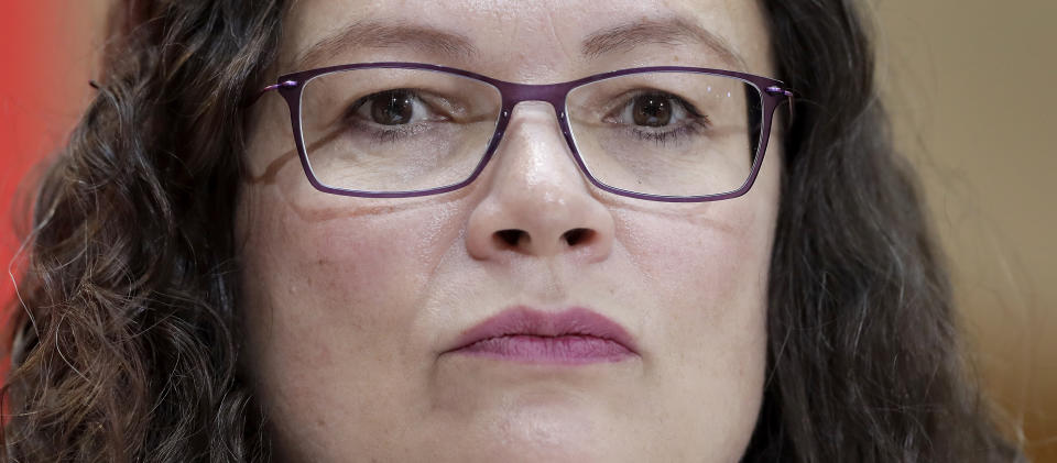 Andrea Nahles, chairwoman of the German Social Democratic Party, attends a press conference in Berlin, Germany, Monday, Oct. 15, 2018 the day after the state elections in the German state of Bavaria. (AP Photo/Michael Sohn)