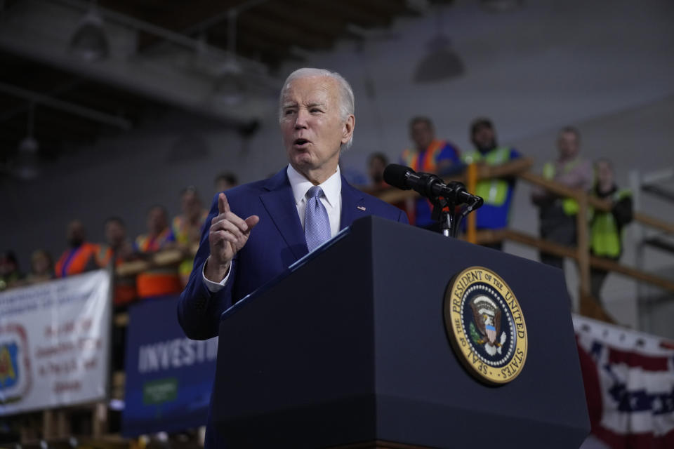 FILE - President Joe Biden speaks about investment in rail projects, including high-speed electric trains, Friday, Dec. 8, 2023, in Las Vegas. (AP Photo/Manuel Balce Ceneta, File)
