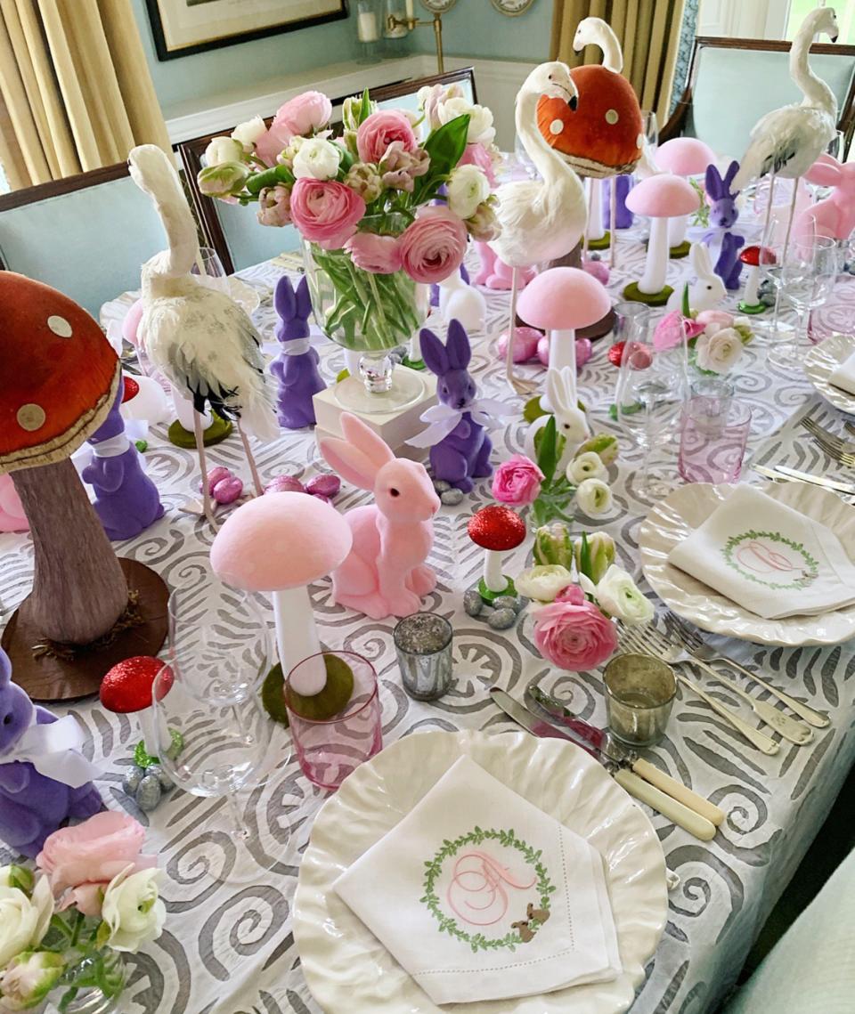 On Saturday evening, Wonderland met Easter on our dining room table. There were flamingos, rabbits, mushrooms, glitter eggs and more…plus monogrammed Easter napkins from The Embroidered Napkin Company.