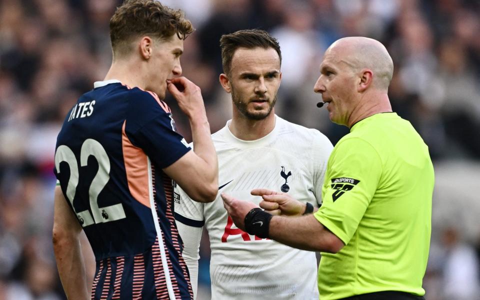 Referee Simon Hooper (R), James Maddison (C) and Ryan Yates (L) – Nuno Espirito Santo fumes at VAR's failure to send off James Maddison for 'punching' Ryan Yates