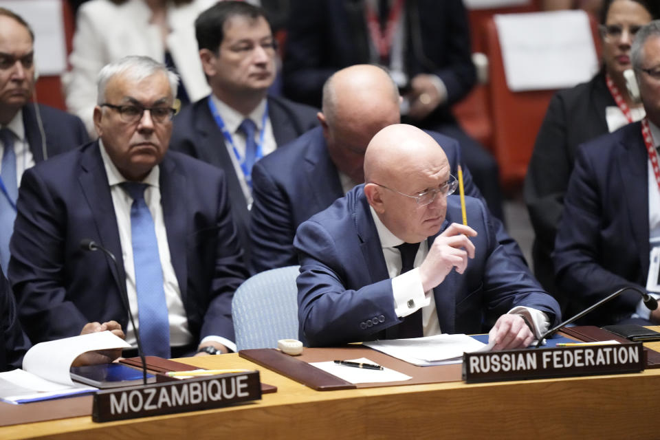 Russian Ambassador to the United Nations Vasily Nebenzya lifts a pencil to ask to speak during a high level Security Council meeting on the situation in Ukraine, Wednesday, Sept. 20, 2023 at the United Nations headquarters. (AP Photo/Mary Altaffer)