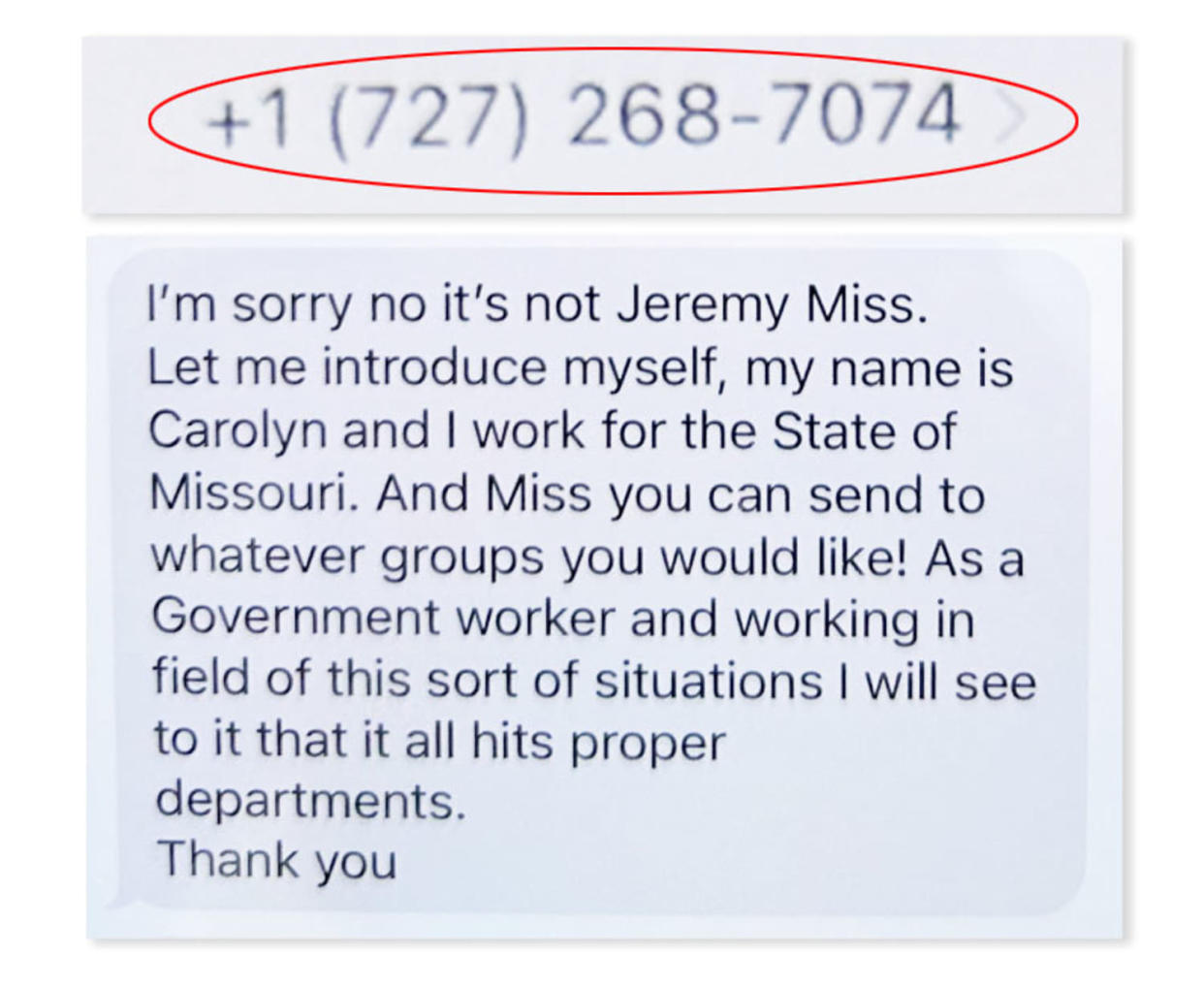 A text message Karen received that purported to be from a government worker in Missouri. 