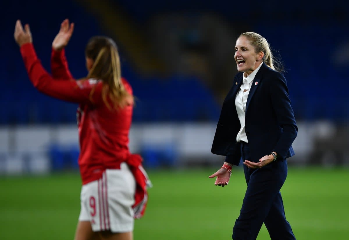 Wales head coach Gemma Grainger celebrates following her side’s qualification for the World Cup play-offs (Simon Galloway/PA) (PA Wire)