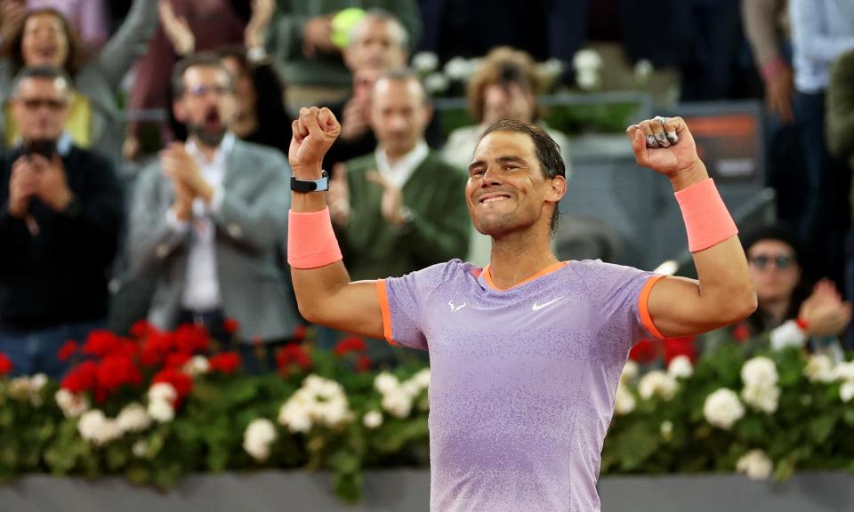 <span>Rafael Nadal celebrates victory against Alex de Minaur of Australia.</span><span>Photograph: Clive Brunskill/Getty Images</span>