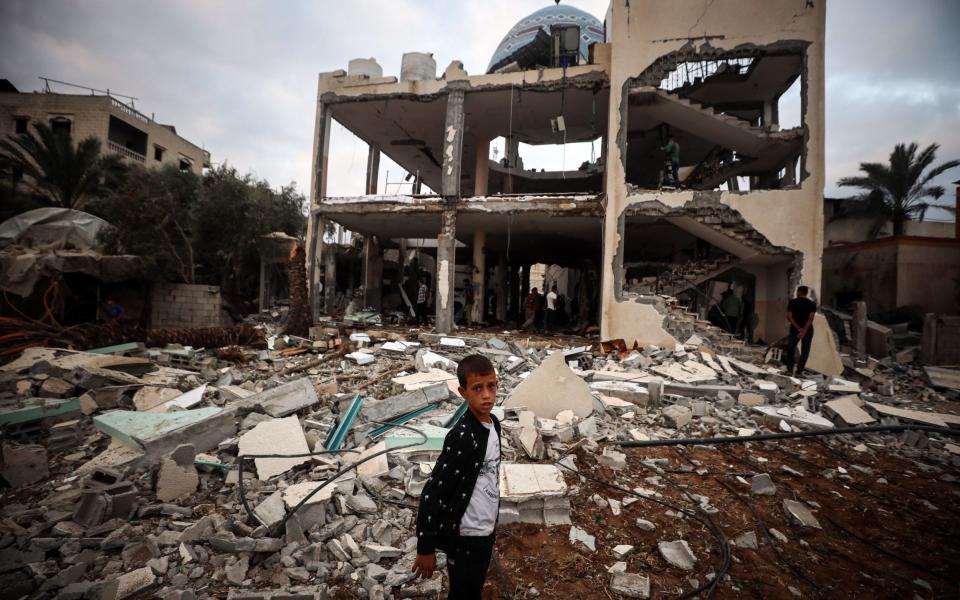 Damage to a mosque hit in an Israeli strike in Deir al-Balah, central Gaza Strip, on October 6