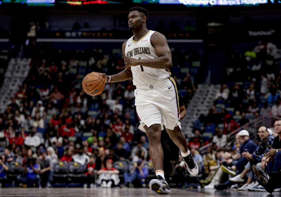 New Orleans Pelicans forward Zion Williamson brings the ball up against the Houston Rockets during the second half of an NBA basketball game in New Orleans, Thursday, Feb. 22, 2024. (AP Photo/Derick Hingle)