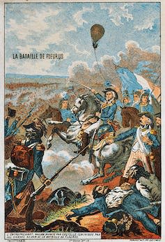 A picture postcard showing a French balloon overlooking a battle in France, 1794.