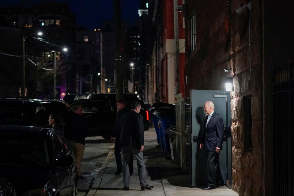 President Joe Biden departs after having dinner with first lady Jill Biden at The Quoin on Saturday, March 18, 2023, in Wilmington.