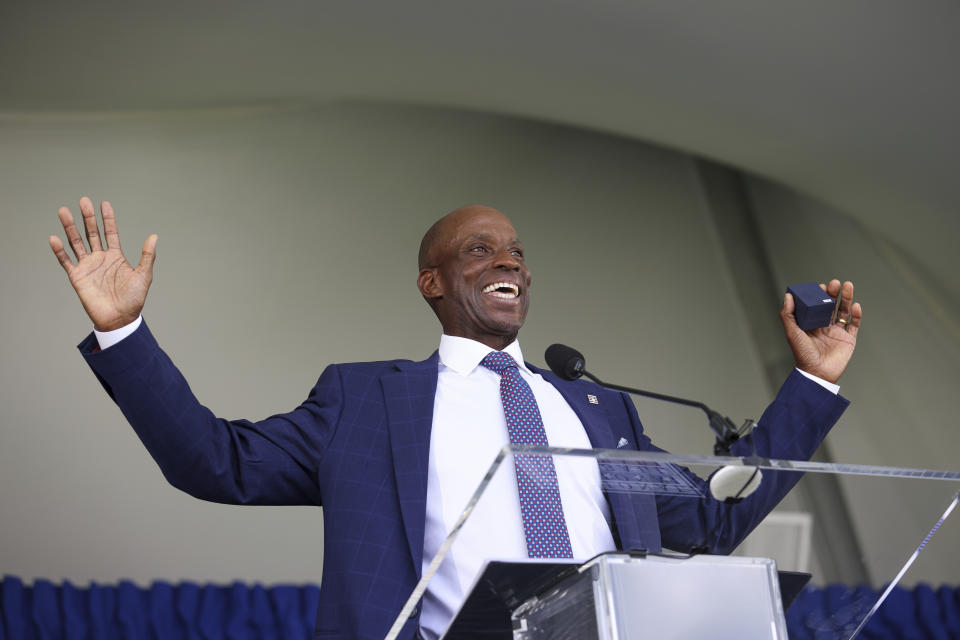 Hall of Fame inductee Fred McGriff speaks during a National Baseball Hall of Fame induction ceremony Sunday, July 23, 2023, at the Clark Sports Center in Cooperstown, N.Y. (AP Photo/Bryan Bennett)