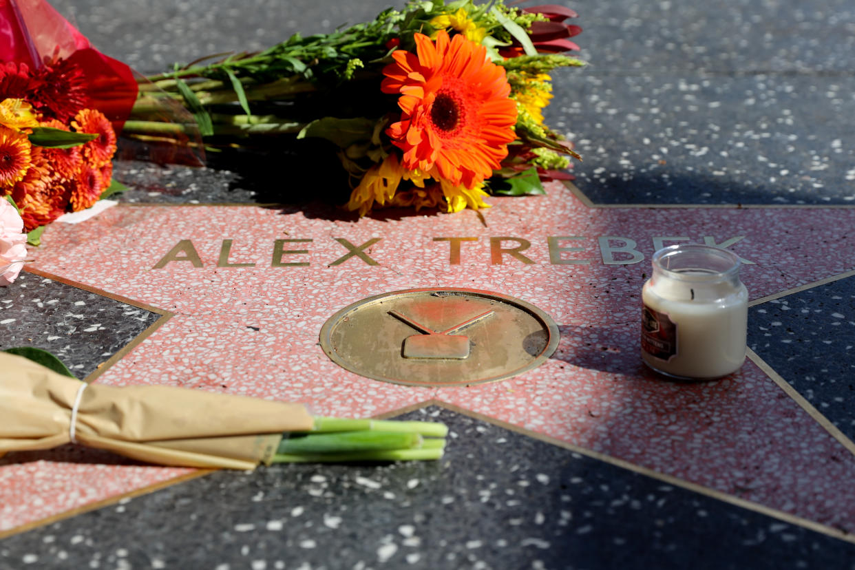 HOLLYWOOD, CALIFORNIA - NOVEMBER 08: Flowers are seen on Alex Trebek's star on the Hollywood Walk of Fame on November 08, 2020 in Hollywood, California. (Photo by Rich Fury/Getty Images)