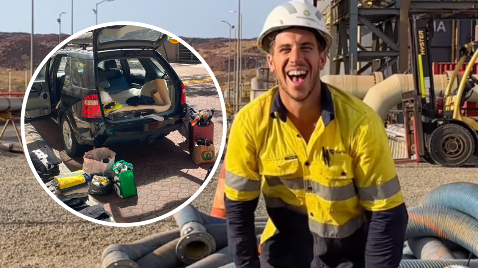 FIFO tradie smiling wearing a hard hat with an inset of his car where he sleeps. 