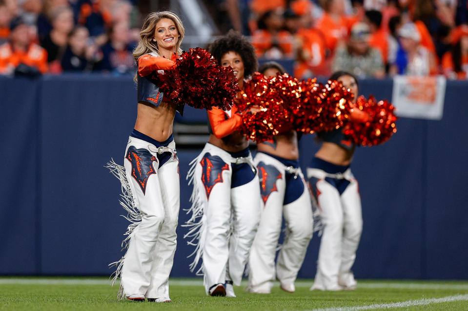 Aug 26, 2023; Denver, Colorado, USA; Denver Broncos cheerleaders perform in the fourth quarter against the Los Angeles Rams at Empower Field at Mile High. Mandatory Credit: Isaiah J. Downing-USA TODAY Sports