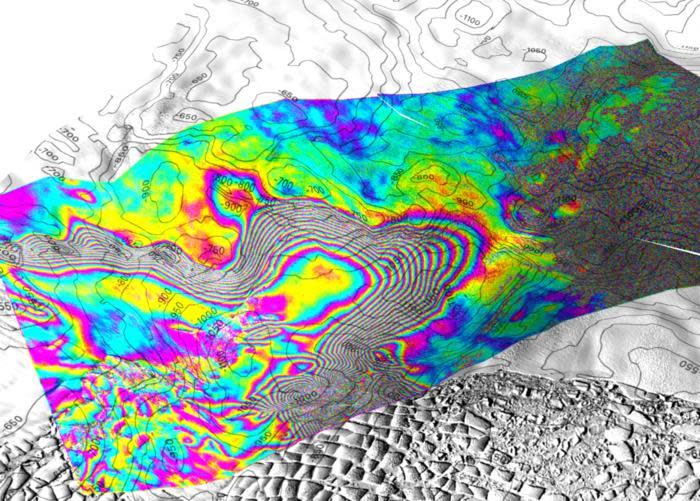 Screen shot of a 3D view of the tidal motion of Thwaites Glacier, West Antarctica recorded by the ICEYE Synthetic Aperture Radar (SAR) constellation based on images acquired on May 11, 12 and 13, 2023. / Credit: Eric Rignot / UC Irvine