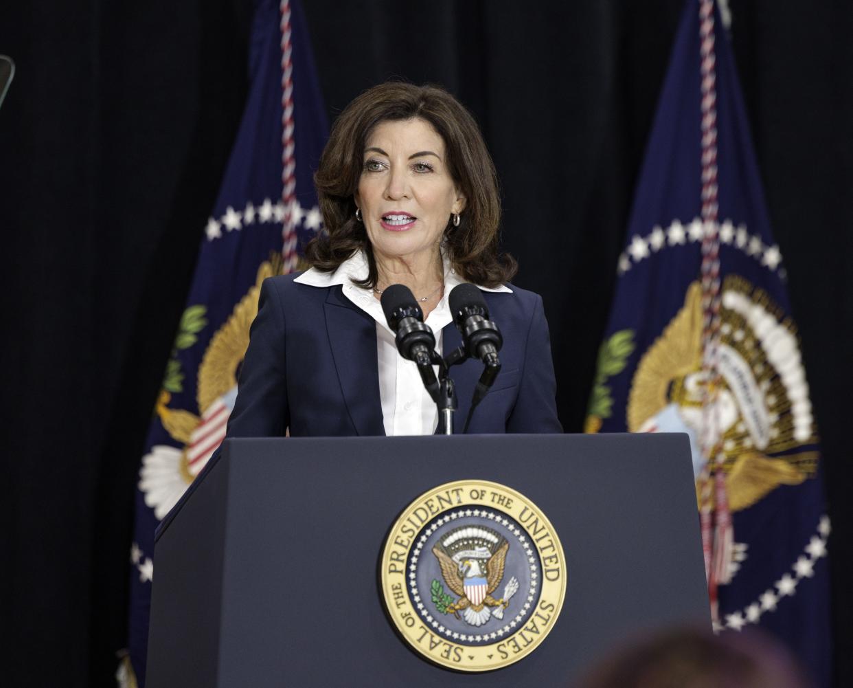 New York Governor Kathy Hochul speaking at the Delavan Grider Community Center in Buffalo, New York on May 17, 2022.