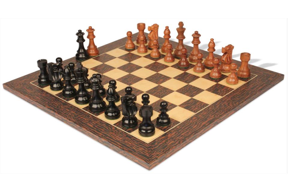 French Lardy Staunton Chess Set Ebonized & Acacia Pieces with Deluxe Tiger Ebony Chess Board - 3.75" King