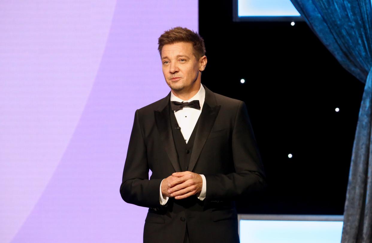 Jeremy Renner speaks onstage during the American Cinematheque Awards on November 18, 2021, in Beverly Hills, California.