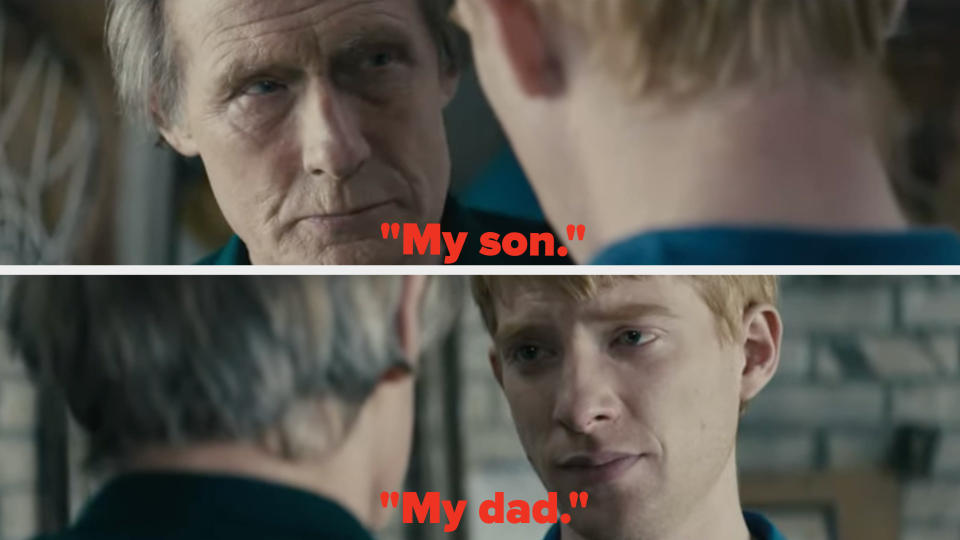 James saying, "My son" and Tim saying, "My dad"