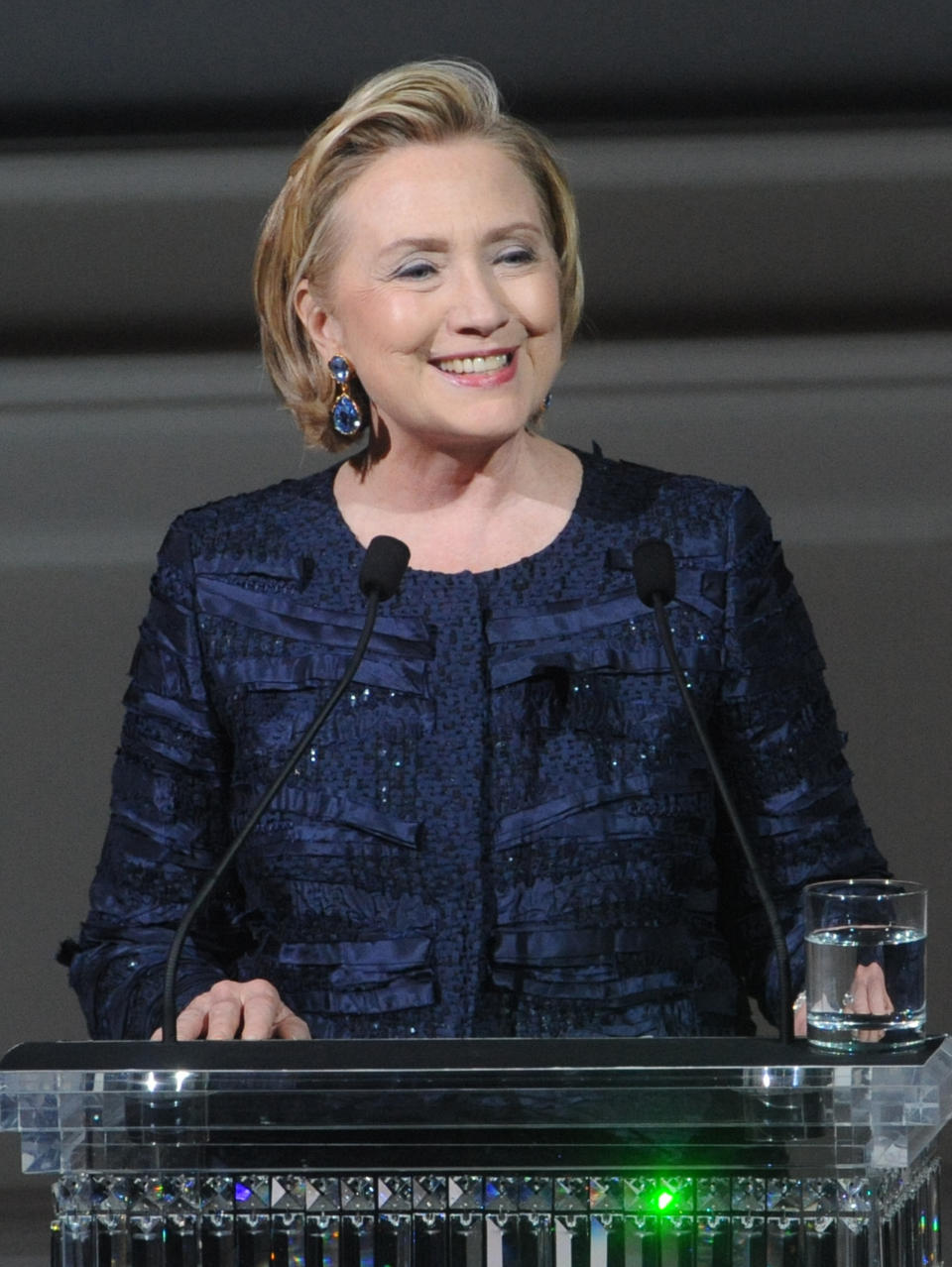 Former Secretary of State Hillary Rodham Clinton speaks on stage during the 2013 CFDA Fashion Awards at Alice Tully Hall on Monday, June 3, 2013 in New York. (Photo by Brad Barket/Invision/AP)