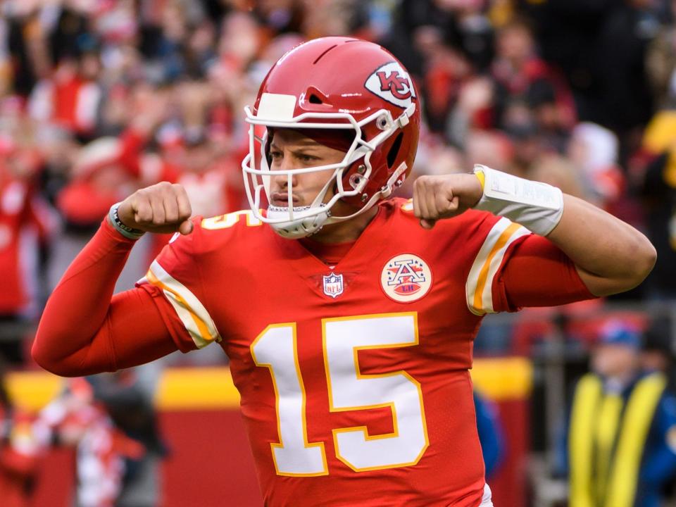 Patrick Mahomes celebrates a touchdown against the Pittsburgh Steelers.