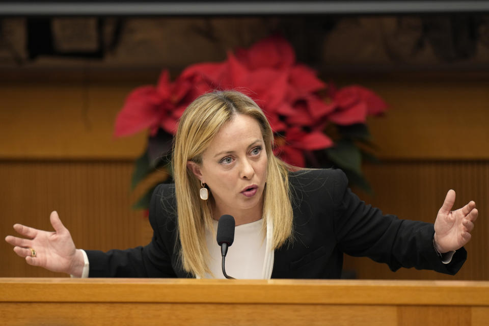 Italian Premier Giorgia Meloni holds her year-end press conference in Rome, Thursday, Dec. 29, 2022. (AP Photo/Alessandra Tarantino)