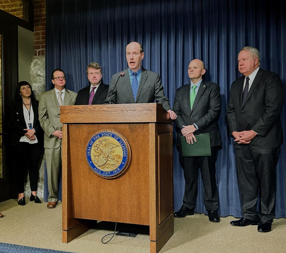 Sen. Bill Cunningham, D-Chicago, discusses his carbon carbon and storage regulations bill at the Illinois State Capitol on Wednesday, March 13, 2024.