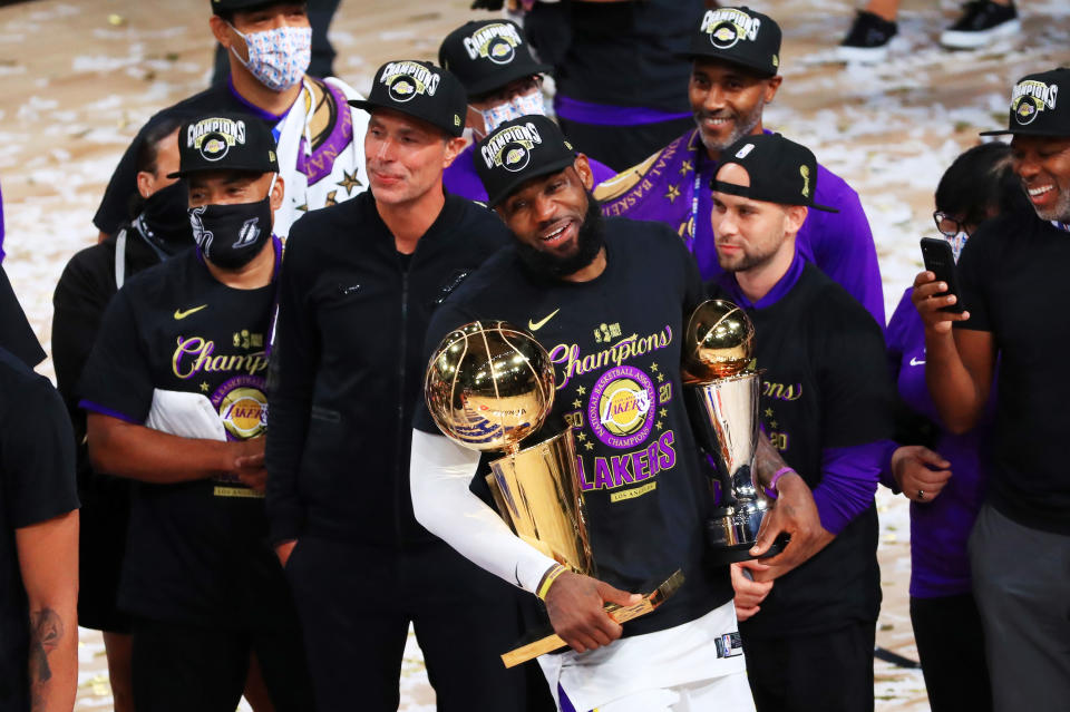 LeBron James and the Lakers will be going for a repeat this season. (Photo by Mike Ehrmann/Getty Images)