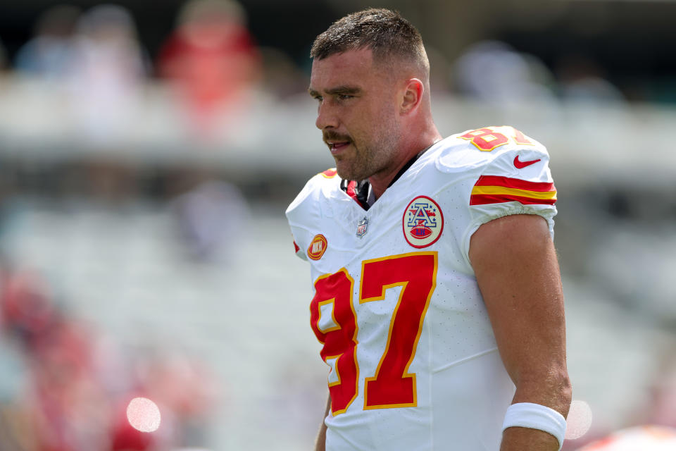 Sep 17, 2023; Jacksonville, Florida, USA; Kansas City Chiefs tight end Travis Kelce (87) warms up before a game against the Jacksonville Jaguars at EverBank Stadium. Mandatory Credit: Nathan Ray Seebeck-USA TODAY Sports