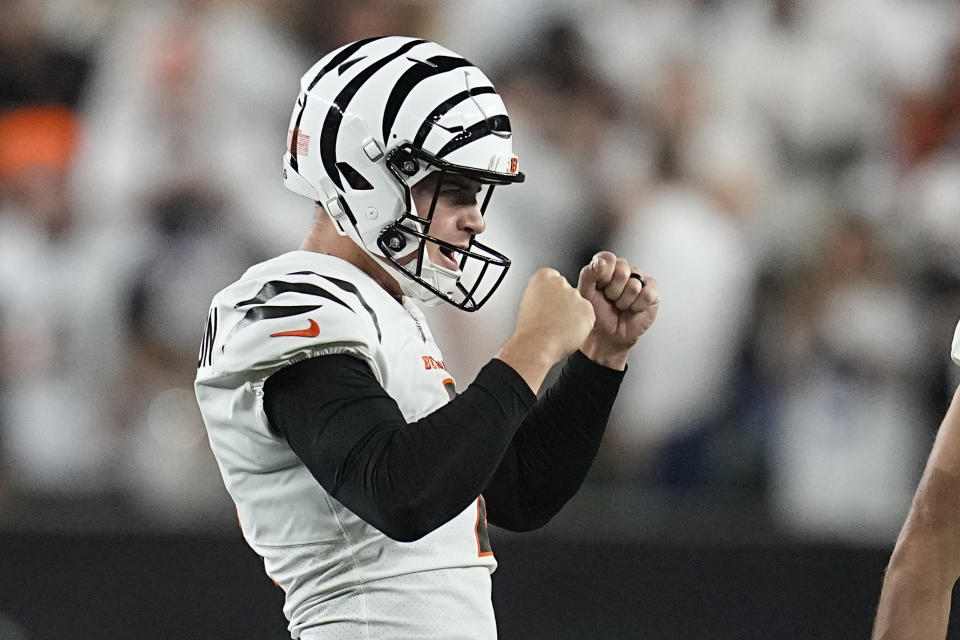 Cincinnati Bengals kicker Evan McPherson celebrates after making a 54-yard field goal during the second half of an NFL football game against the Los Angeles Rams Monday, Sept. 25, 2023, in Cincinnati. (AP Photo/Darron Cummings)