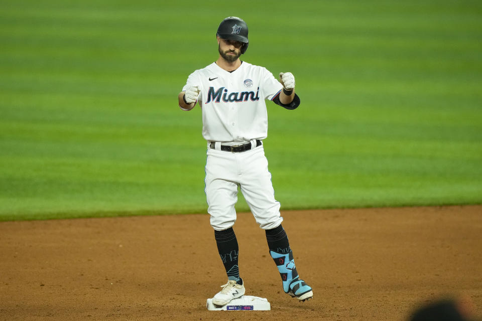 Jon Berti #5 of the Miami Marlins has increased fantasy value