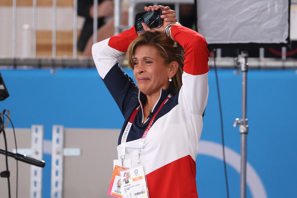 <p>TOKYO, JAPAN - JULY 27: Today Show Host Hoda Kotb yells support to Simone Biles after exiting the competition during the Women's team final on day four of the Tokyo 2020 Olympic Games at Ariake Gymnastics Centre on July 27, 2021 in Tokyo, Japan. (Photo by Abbie Parr/Getty Images)</p> 