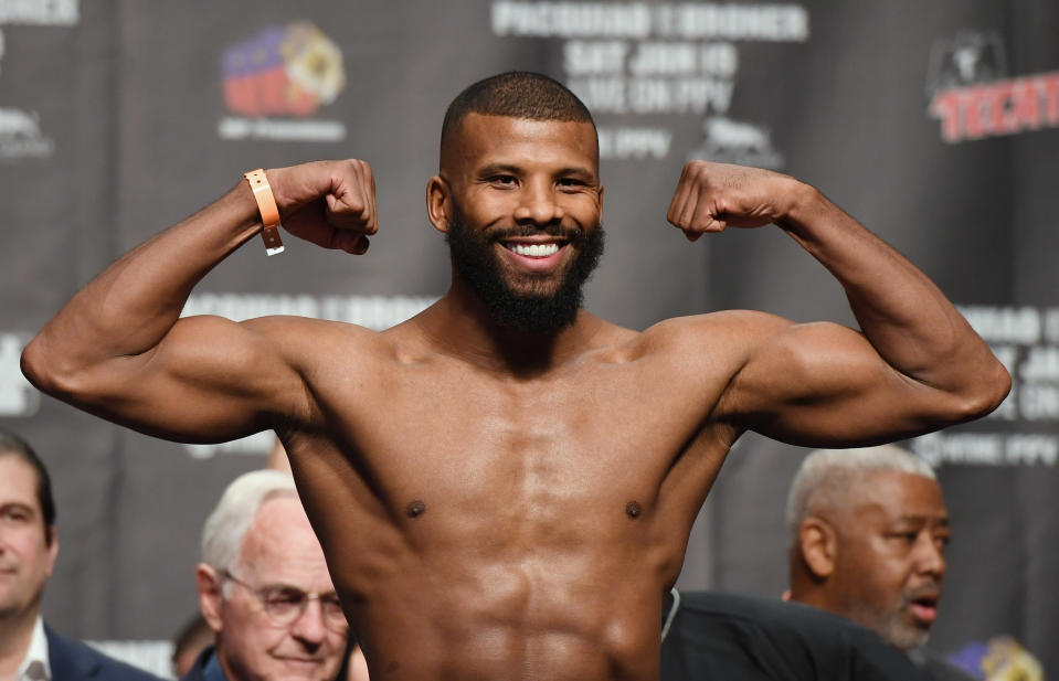 LAS VEGAS, NEVADA - JANUARY 18:  Badou Jack poses on the scale during his official weigh-in at MGM Grand Garden Arena on January 18, 2019 in Las Vegas, Nevada. Jack will face Marcus Browne for the interim WBA light heavyweight title on January 19 at MGM Grand Garden Arena in Las Vegas.  (Photo by Ethan Miller/Getty Images)