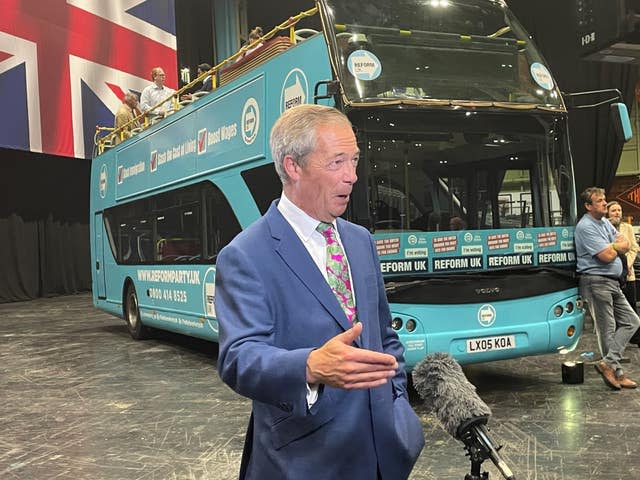 Reform UK leader Nigel Farage speaking to the media after the rally for his party at Birmingham’s NEC