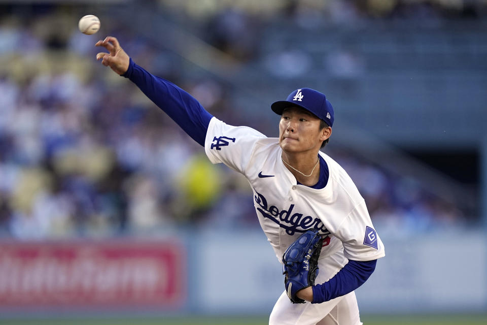 Los Angeles Dodgers starting pitcher Yoshinobu Yamamoto throws to the plate during the first inning of a baseball game against the Kansas City Royals Saturday, June 15, 2024, in Los Angeles. (AP Photo/Mark J. Terrill)