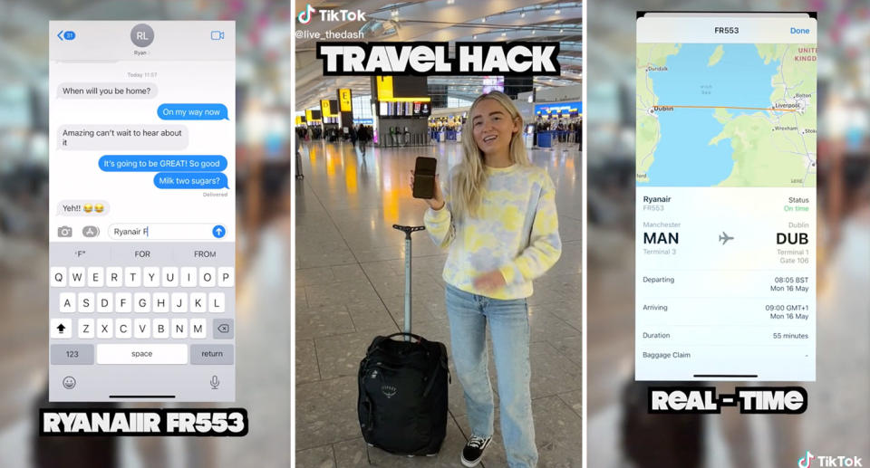 Screenshots from a Tiktok video showing an iPhone hack that allows you to simply share travel details.  Source: TikTok/live_thedash