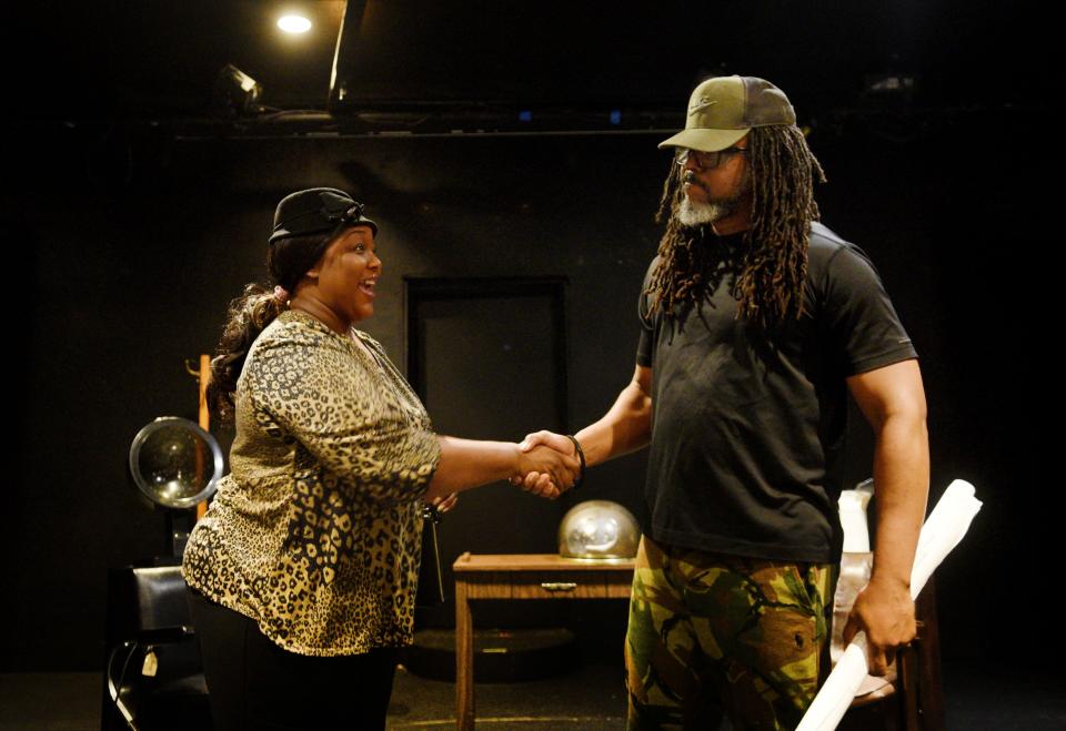 Angelique Feaster and Edward White rehearse a scene for the play Beauty and the Ballot Box, October 24, 2023 at the East Bank Theatre.