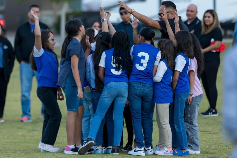 Soccer teammates honor Delilah Madelyn Rodriguez, 8, at a vigil for the victims on Oct. 17 at West Texas Estates Park in far East El Paso.
(Credit: GABY VELASQUEZ/ EL PASO TIMES)