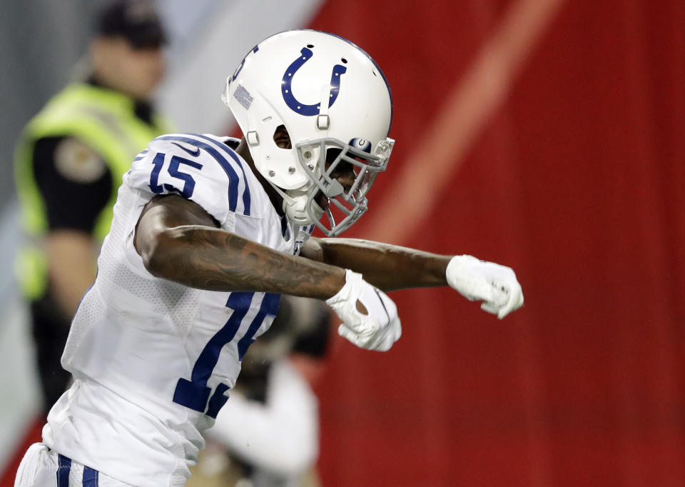 Indianapolis Colts wide receiver Dontrelle Inman celebrates after catching an 11-yard touchdown pass against the Tennessee Titans in the first half of an NFL football game Sunday, Dec. 30, 2018, in Nashville, Tenn. (AP Photo/James Kenney)