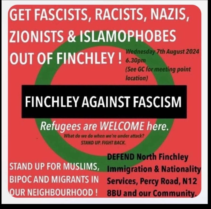 The poster distributed by the Finchley Against Fascism group