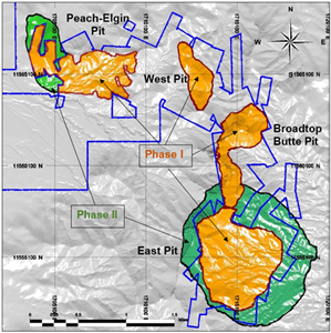 The overall mine footprint is expected to consist of four open pits in Phase I with two of the pits expanding onto federal land in Phase II. Phase I considers exploitation of the pits and their associated infrastructure within a footprint that requires only state and local permits for 16 years of operation.