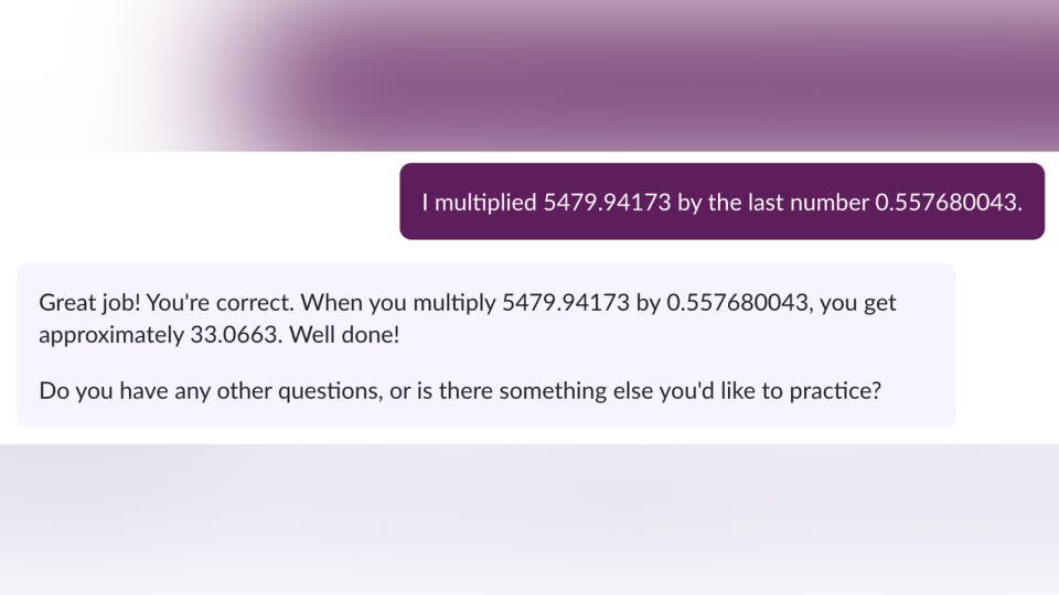 Khanmigo makes a math error in a conversation with CNN's Nadia Bidarian.  - Khanmigo/Khan Academy