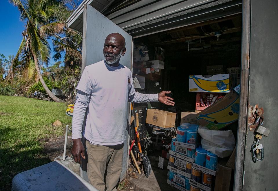 Thomas Goodman, a homeowner in the Harlem Heights community in Lee County, suffered severe flooding in his home during Hurricane Ian. On Wednesday, Oct. 26, 2022, he shows the shed where he kept his refrigerators and food.   Most of his belongings were lost or damaged after the hurricane. The Heights Foundation will continue to offer much needed aid following the impact of Hurricane Ian and is planning on rebuilding homes in the Harlem Heights community. The Heights Center is currently assisting their local residents by providing assistance including food, supplies and medical care.