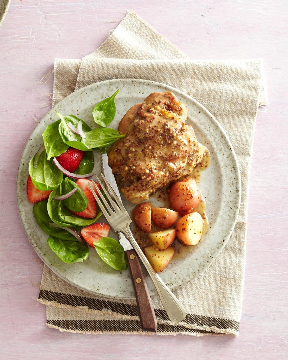 Maple and mustard are an amazing combination for these maple-mustard-sauced turkey thighs. Use red-skinned potatoes for added color.