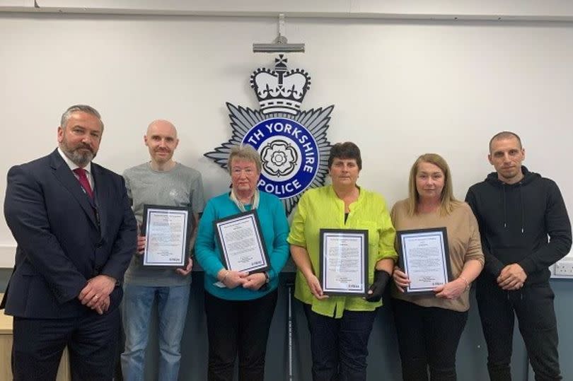 From left to right: Detective Inspector Matt Bolger, Jonathan Maw, Elaine Priestley, Gillian Austin, Michelle Dyson and Karoly Micska