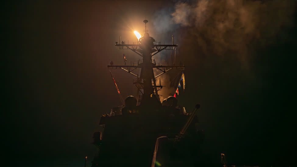 usn destroyer launching tomahawk cruise missile toward target in yemen