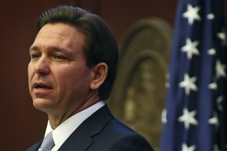 Florida Gov. Ron DeSantis gives his State of the State address during a joint session of the Senate and House of Representatives Tuesday, March 7, 2023, at the Capitol in Tallahassee, Fla. (AP Photo/Phil Sears)