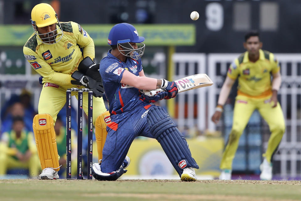 Lucknow Super Giants' Ayush Badoni, center, plays a shot during the Indian Premier League cricket match between Lucknow Super Giants and Chennai Super Kings in Lucknow, India, Wednesday, May 3, 2023. (AP Photo/Surjeet Yadav)