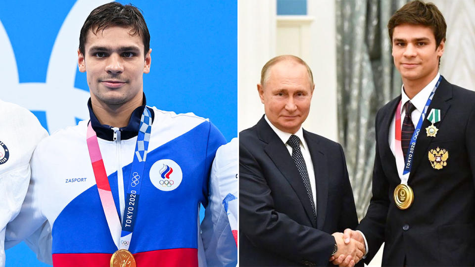 Seen on the far right is Olympic Games swimming champion Evgeny Rylov shaking hands with Russian President Vladimir Putin. 