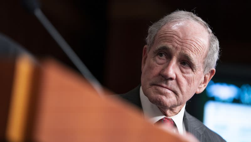 Ranking member of the Senate Foreign Relations Committee Sen. Jim Risch, R-Idaho, listens during a news conference with Republican lawmakers about Ukraine, on Capitol Hill on March 2, 2022, in Washington.